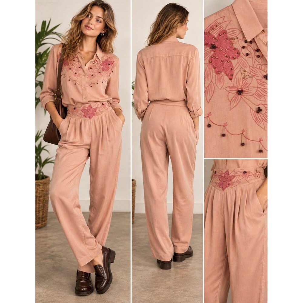 Vintage 90s Peach Embroidered Beaded Rayon 2 Piece Blouse Pants Set Size S